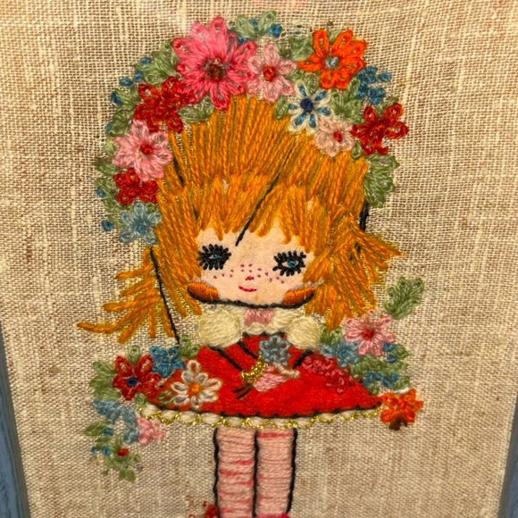 Vintage MCM Crewel Embroidery Barbara Keane's BIG EYES Boy & Girl Pair Art Work - Picture 4 of 11